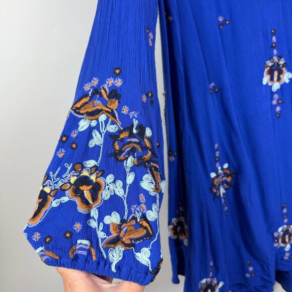 Free People Mini Dress Womens M Royal Blue Oxford Embroidered Oversized Bohemian - Picture 5 of 11